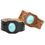 Ethnic Style Silver Plated Leather Bangle with Green Turquoise Stone