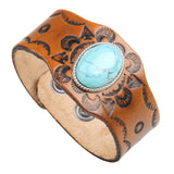 Ethnic Style Silver Plated Leather Bangle with Green Turquoise Stone