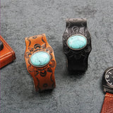 Ethnic Style Silver Plated Leather Bangle with Green Turquoise Stone