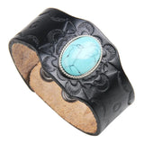 Ethnic Style Silver Plated Leather Bangle with Green Turquoise Stone