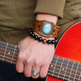 Ethnic Style Silver Plated Leather Bangle with Green Turquoise Stone
