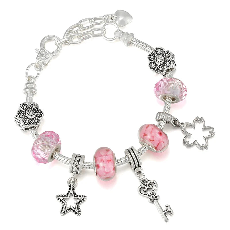 Silver Plated Flower Bead Bracelet Lobster Clasp DIY Jewelry Gift