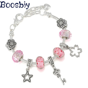 Silver Plated Flower Bead Bracelet Lobster Clasp DIY Jewelry Gift