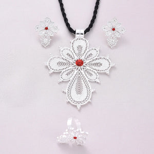 Silver Plated Zircon Pendant Necklace Earrings Ring Jewelry Set