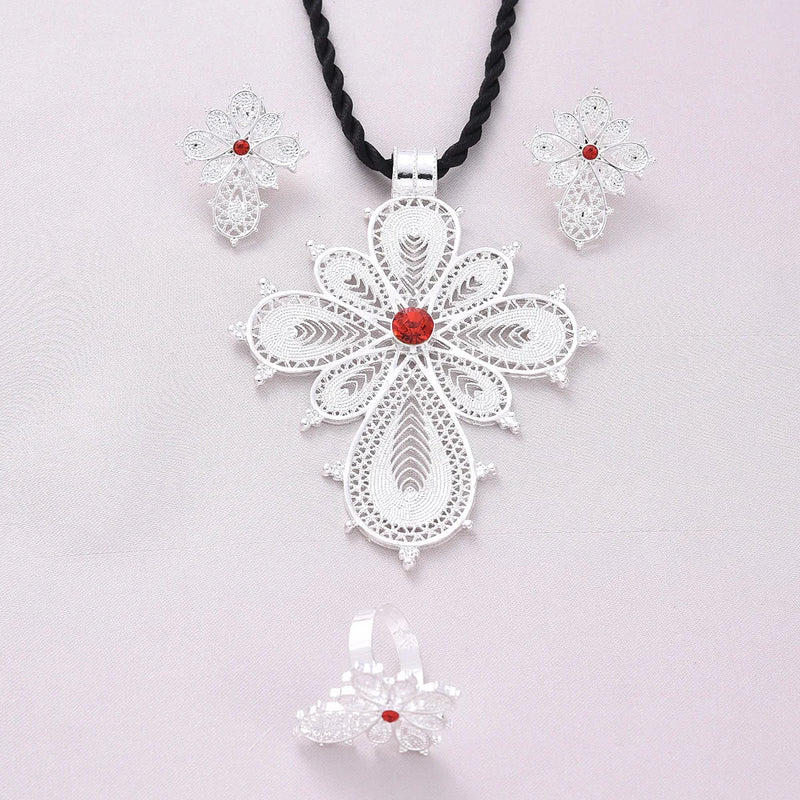 Silver Plated Zircon Pendant Necklace Earrings Ring Jewelry Set