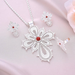 Silver Plated Zircon Pendant Necklace Earrings Ring Jewelry Set