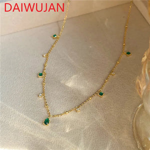 Silver Plated Green Zircon Necklace Women's Geometric Choker Jewelry