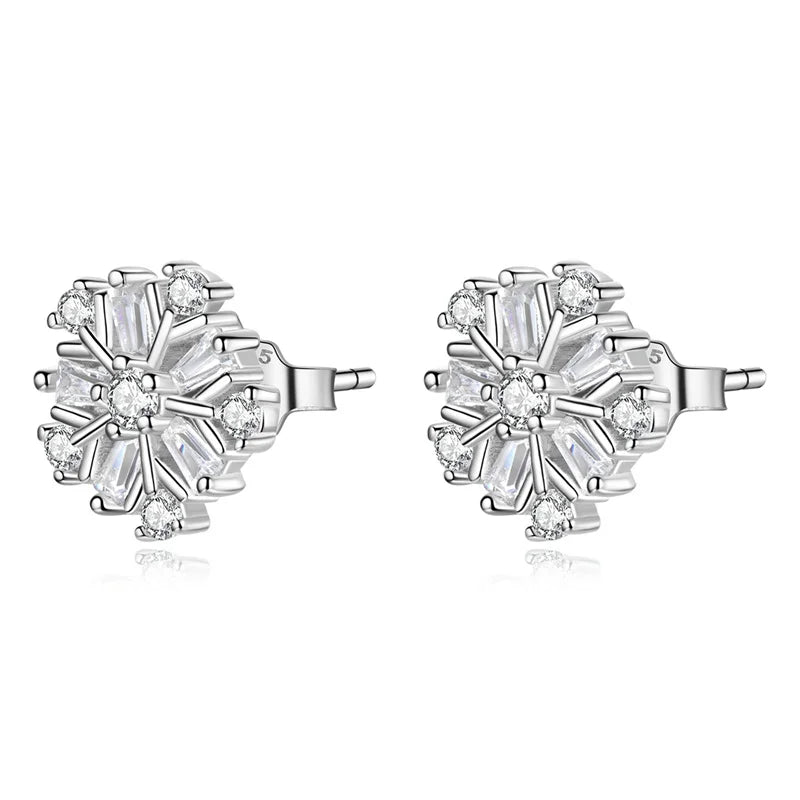 Silver Snowflake Stud Earring Zircon Christmas Jewelry Women Ear Accessory