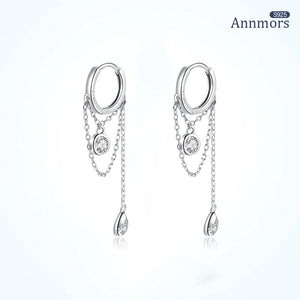 Silver Plating Water Droplets Tassel Chain Earrings with Zircon