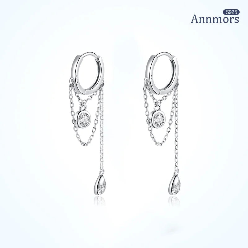 Silver Plating Water Droplets Tassel Chain Earrings with Zircon