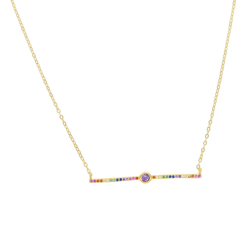 Sterling Silver Rainbow Bar Pendant Necklace with Colorful Rhinestone