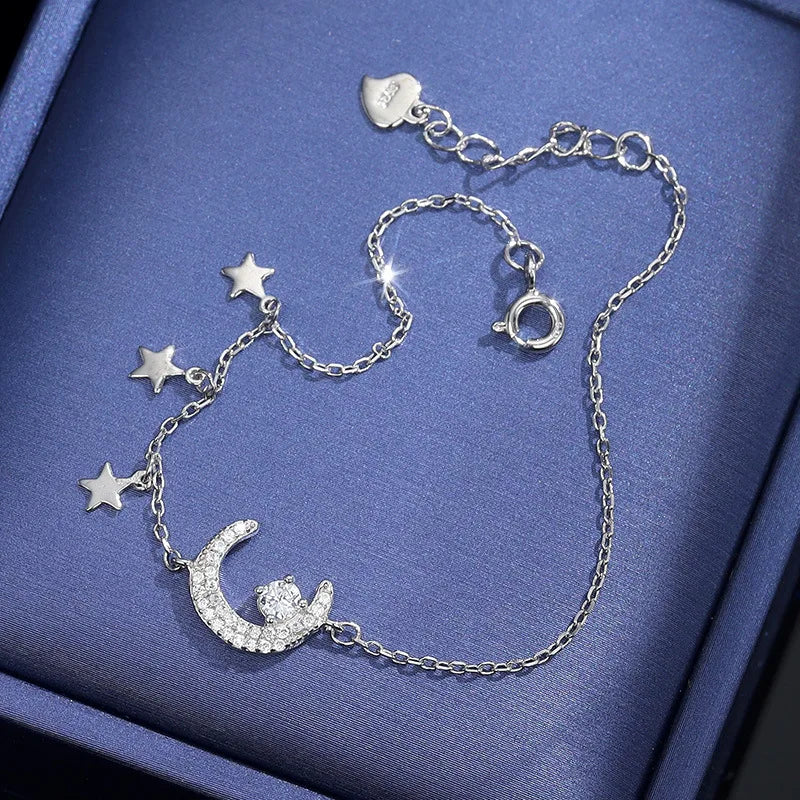 Silver Stars Zircon Moon Bracelet 925 Sterling Silver Clear Chain Jewelry Women