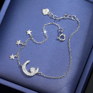 Silver Stars Zircon Moon Bracelet 925 Sterling Silver Clear Chain Jewelry Women