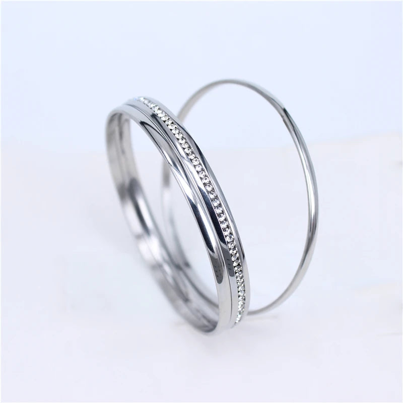 Silver 3 in 1 Crystal Bangles Stainless Steel Women Jewelry