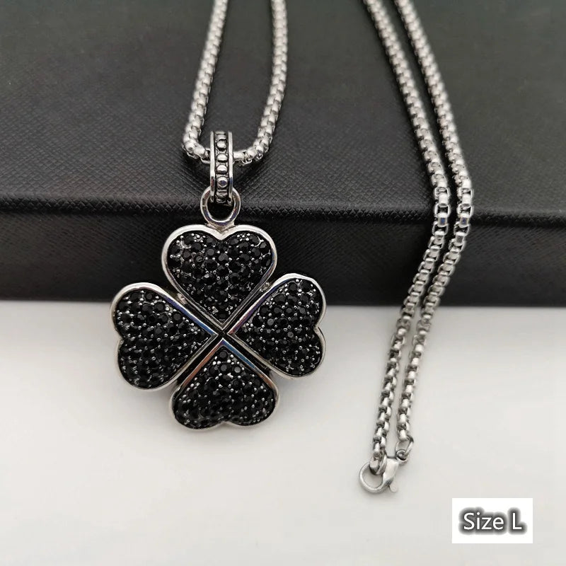 Silver 4 Leaf Clover Necklace Stainless Steel Stone Pendant BLKN0692