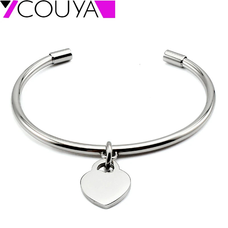 Silver Small Bangle Bracelets Heart Round Cross Stainless Steel