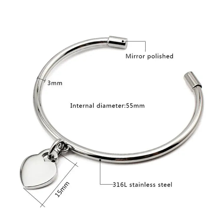Silver Small Bangle Bracelets Heart Round Cross Stainless Steel