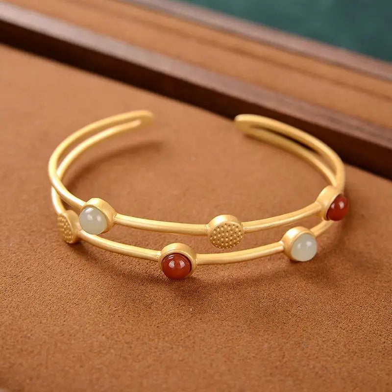 Enamel Agate Hetian Chalcedony Double-Layer Bracelet Silver Inlaid