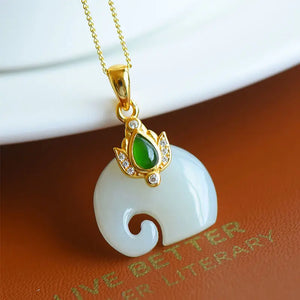 Silver Inlaid Hetian Jade Elephant Pendant Necklace Chinese Charm