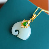 Silver Inlaid Hetian Jade Elephant Pendant Necklace Chinese Charm