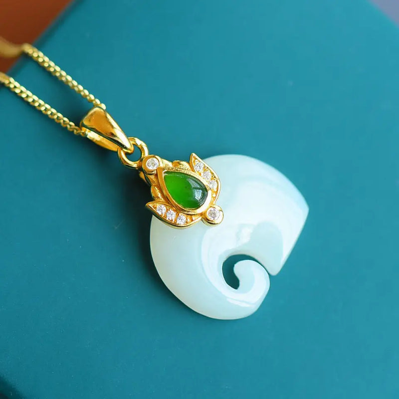 Silver Inlaid Hetian Jade Elephant Pendant Necklace Chinese Charm