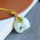 Silver Inlaid Hetian Jade Elephant Pendant Necklace Chinese Charm