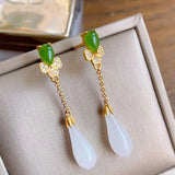 Silver Inlaid Hetian Magnolia Long Earrings Chinese Retro Women's Jewelry