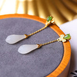 Silver Inlaid Hetian Magnolia Long Earrings Chinese Retro Women's Jewelry