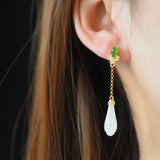 Silver Inlaid Hetian Magnolia Long Earrings Chinese Retro Women's Jewelry