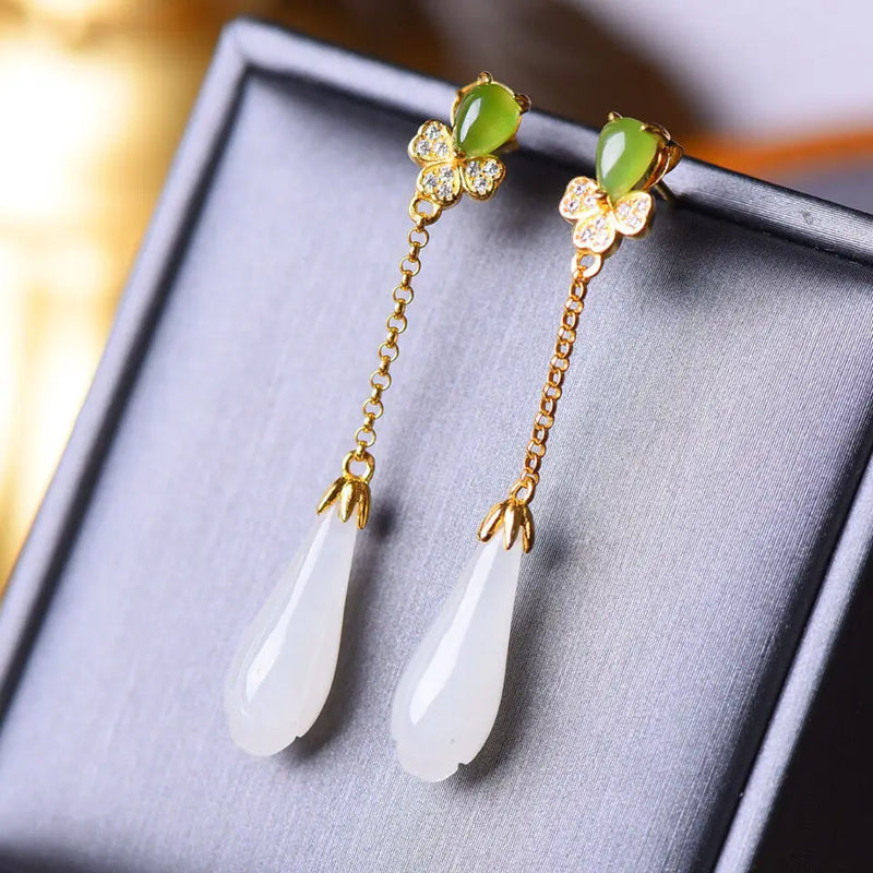 Silver Inlaid Hetian Magnolia Long Earrings Chinese Retro Women's Jewelry
