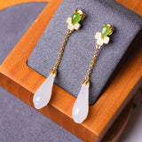 Silver Inlaid Hetian Magnolia Long Earrings Chinese Retro Women's Jewelry