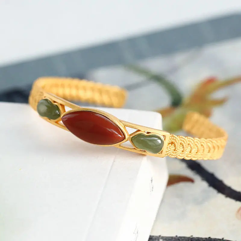 Silver inlaid Natural Hetian Chalcedony Enamel Bracelet with Aventurine Craft