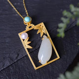 Silver Inlaid Hetian Jade Bamboo Leaf Pendant