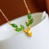 Silver Inlaid Hetian Jade Elk Head Pendant Necklace - Chinese Retro Women's Gift