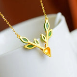 Silver Inlaid Hetian Jade Elk Head Pendant Necklace - Chinese Retro Women's Gift