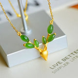 Silver Inlaid Hetian Jade Elk Head Pendant Necklace - Chinese Retro Women's Gift