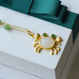 Silver Inlaid Hetian Jade Crab Pendant Necklace Chinese Retro Jewelry