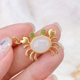 Silver Inlaid Hetian Jade Crab Pendant Necklace Chinese Retro Jewelry