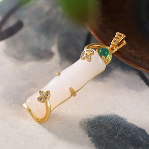 Silver Inlaid Hetian Jade Bamboo Pendant Necklace Chinese Charm Jewelry