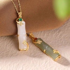 Silver Inlaid Hetian Jade Bamboo Pendant Necklace Chinese Charm Jewelry