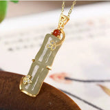 Silver Inlaid Hetian Jade Bamboo Pendant Necklace Chinese Charm Jewelry