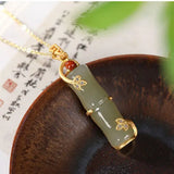 Silver Inlaid Hetian Jade Bamboo Pendant Necklace Chinese Charm Jewelry