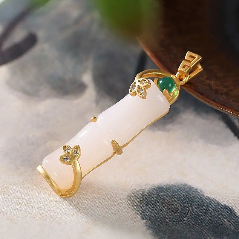 Silver Inlaid Hetian Jade Bamboo Pendant Necklace Chinese Charm Jewelry