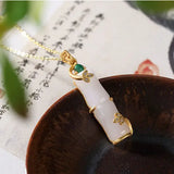 Silver Inlaid Hetian Jade Bamboo Pendant Necklace Chinese Charm Jewelry