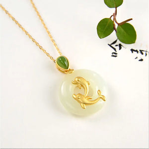 Silver Inlaid Hetian Jade Dolphin Pisces Pendant Necklace