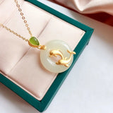 Silver Inlaid Hetian Jade Dolphin Pisces Pendant Necklace