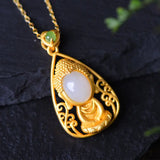 Silver Inlaid Hetian Jade Pendant Necklace Chinese Retro Craft Jewelry