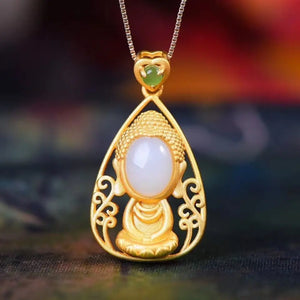 Silver Inlaid Hetian Jade Pendant Necklace Chinese Retro Craft Jewelry