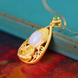 Silver Inlaid Hetian Jade Pendant Necklace Chinese Retro Craft Jewelry