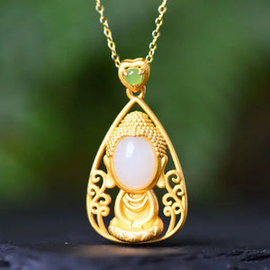 Silver Inlaid Hetian Jade Pendant Necklace Chinese Retro Craft Jewelry